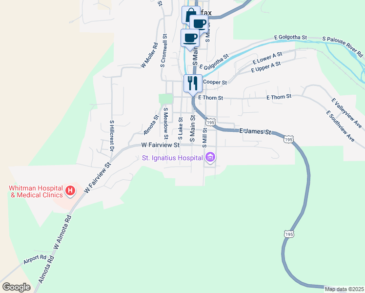 map of restaurants, bars, coffee shops, grocery stores, and more near 107 West Fairview Street in Colfax