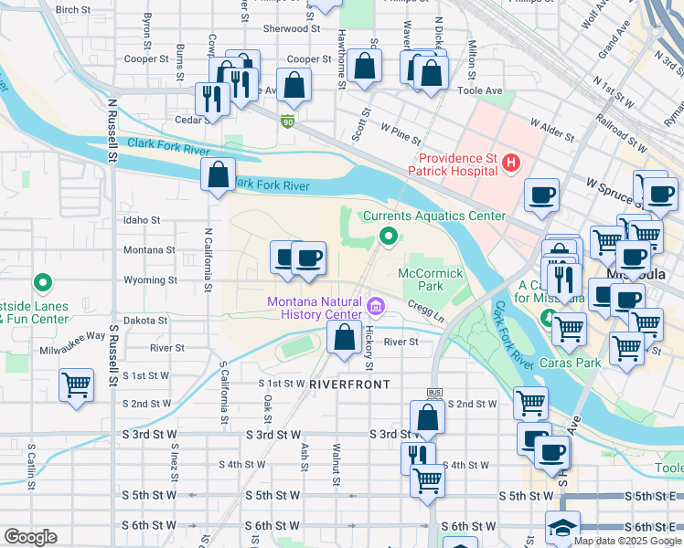 map of restaurants, bars, coffee shops, grocery stores, and more near 710 Wyoming Street in Missoula