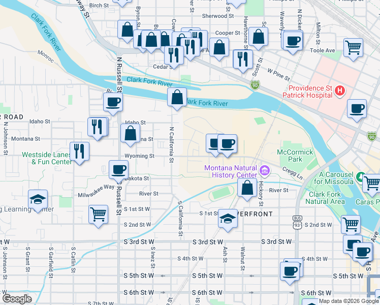 map of restaurants, bars, coffee shops, grocery stores, and more near 970 Wyoming Street in Missoula