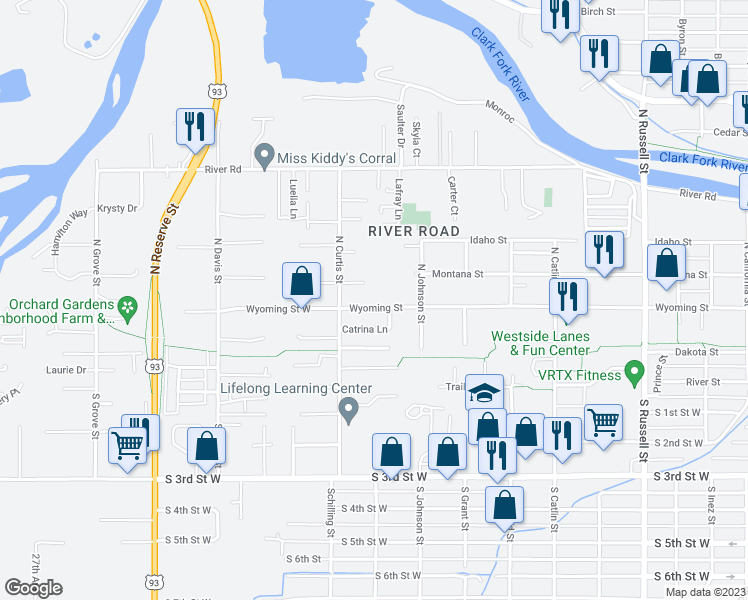 map of restaurants, bars, coffee shops, grocery stores, and more near 2112 Wyoming Street in Missoula