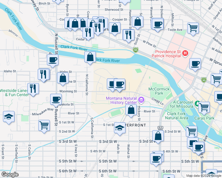 map of restaurants, bars, coffee shops, grocery stores, and more near 970 Wyoming Street in Missoula