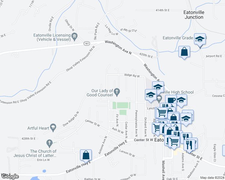 map of restaurants, bars, coffee shops, grocery stores, and more near 303 Maple Drive in Eatonville