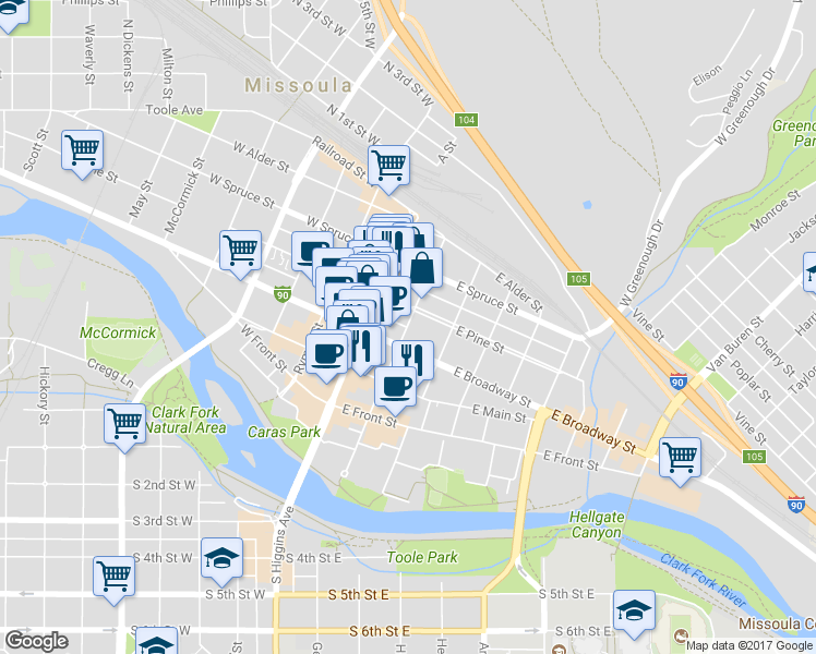 map of restaurants, bars, coffee shops, grocery stores, and more near 352 North Pattee Street in Missoula