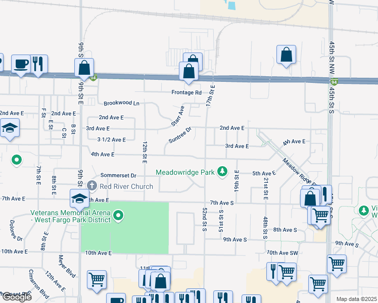 map of restaurants, bars, coffee shops, grocery stores, and more near 1624 4th Avenue East in West Fargo