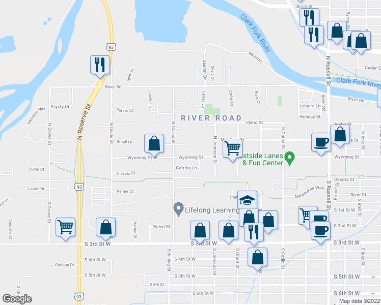 map of restaurants, bars, coffee shops, grocery stores, and more near 2110 Wyoming Street in Missoula