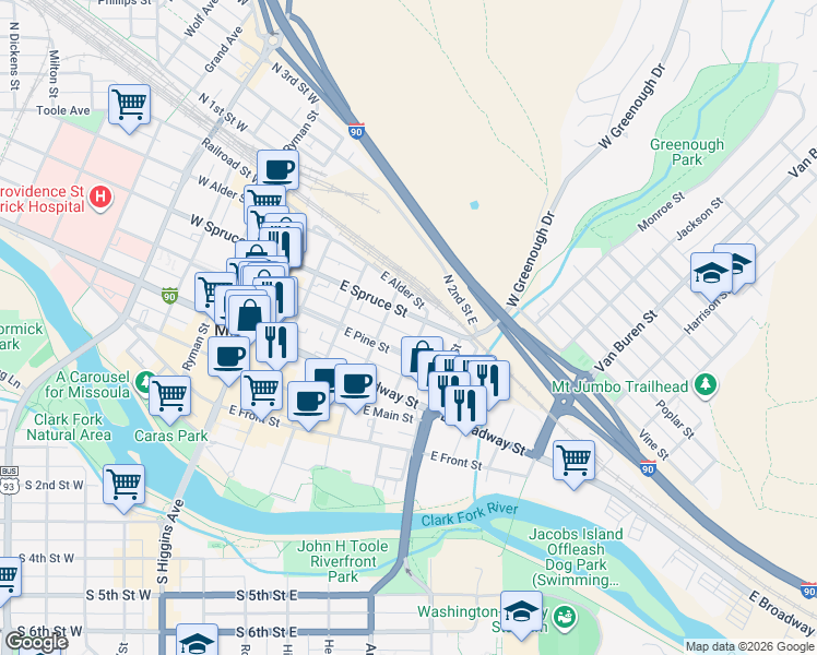 map of restaurants, bars, coffee shops, grocery stores, and more near 422 A East Pine Street in Missoula