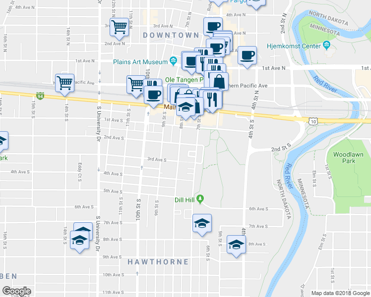 map of restaurants, bars, coffee shops, grocery stores, and more near 200 8th Street North in Fargo