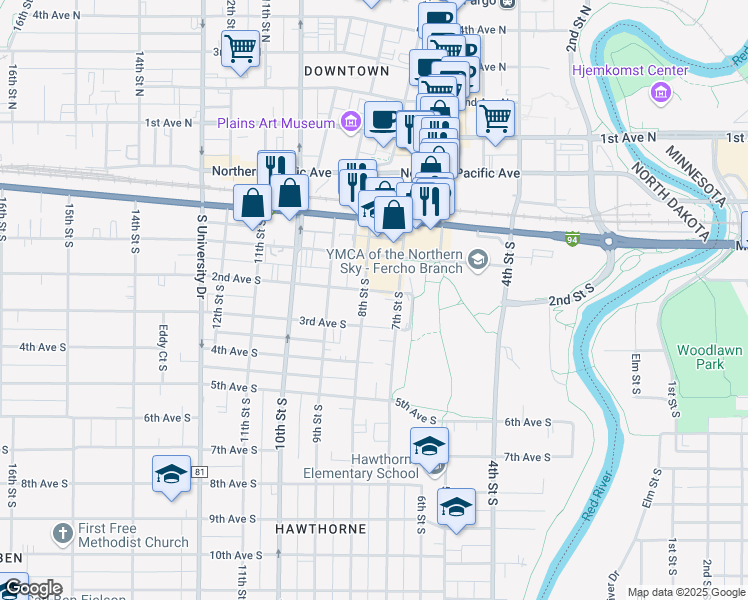 map of restaurants, bars, coffee shops, grocery stores, and more near 200 8th Street North in Fargo
