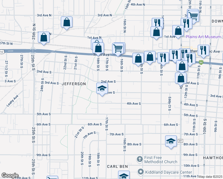 map of restaurants, bars, coffee shops, grocery stores, and more near 1625 3rd Avenue South in Fargo