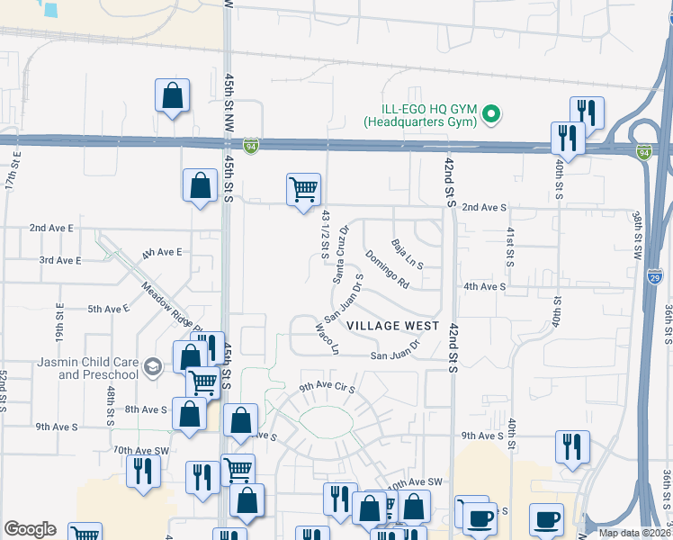 map of restaurants, bars, coffee shops, grocery stores, and more near 453-543 Santa Cruz Drive in Fargo