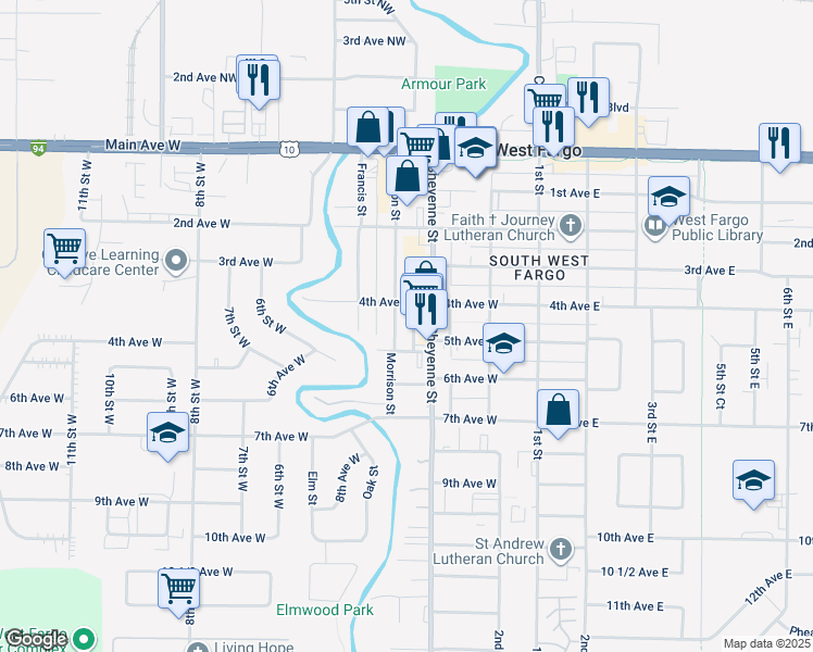 map of restaurants, bars, coffee shops, grocery stores, and more near 416 Sheyenne Street in West Fargo