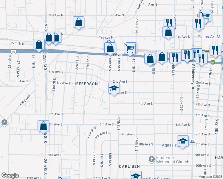 map of restaurants, bars, coffee shops, grocery stores, and more near 1713 3rd Avenue South in Fargo