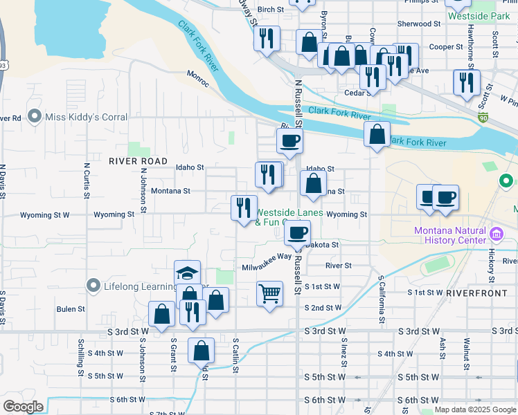 map of restaurants, bars, coffee shops, grocery stores, and more near 1612 Wyoming Street in Missoula