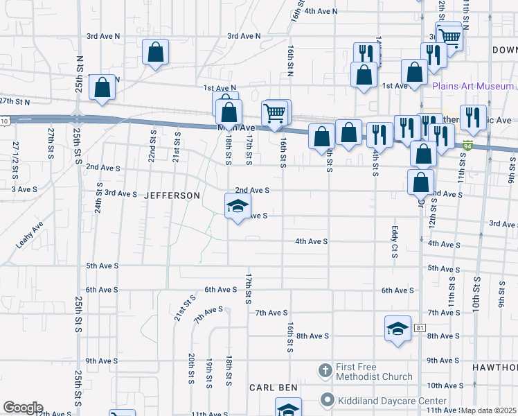 map of restaurants, bars, coffee shops, grocery stores, and more near 1625 3rd Avenue South in Fargo
