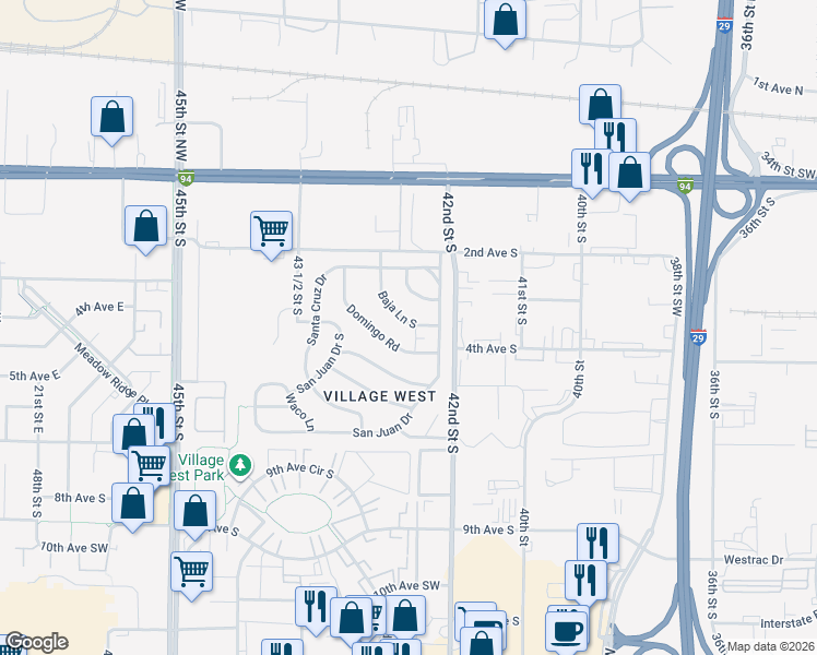 map of restaurants, bars, coffee shops, grocery stores, and more near 443 Baja Lane in Fargo