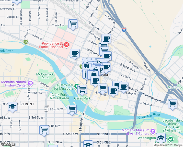 map of restaurants, bars, coffee shops, grocery stores, and more near 149 West Broadway Street in Missoula
