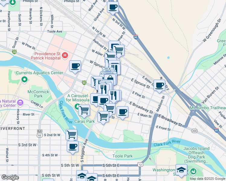 map of restaurants, bars, coffee shops, grocery stores, and more near 120 East Broadway Street in Missoula