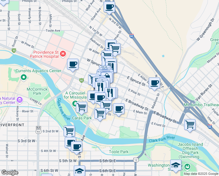 map of restaurants, bars, coffee shops, grocery stores, and more near 120 East Broadway Street in Missoula