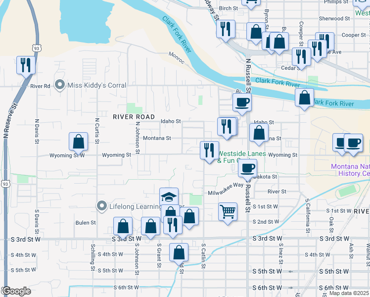 map of restaurants, bars, coffee shops, grocery stores, and more near 206 North Garfield Street in Missoula