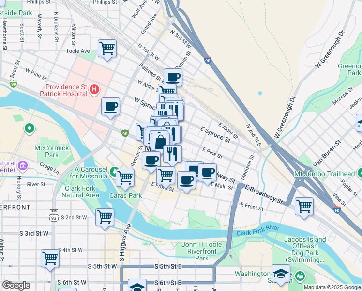map of restaurants, bars, coffee shops, grocery stores, and more near 315 North Pattee Street in Missoula