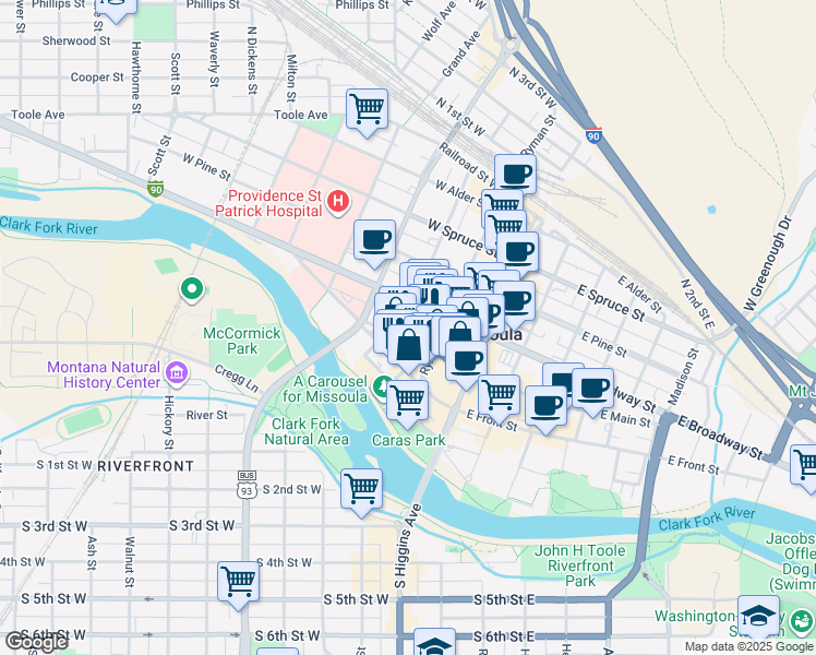 map of restaurants, bars, coffee shops, grocery stores, and more near 234 West Main Street in Missoula