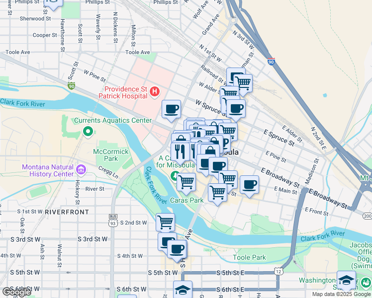 map of restaurants, bars, coffee shops, grocery stores, and more near 234 West Main Street in Missoula