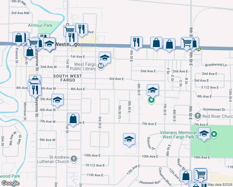 map of restaurants, bars, coffee shops, grocery stores, and more near 401 4th Avenue East in West Fargo