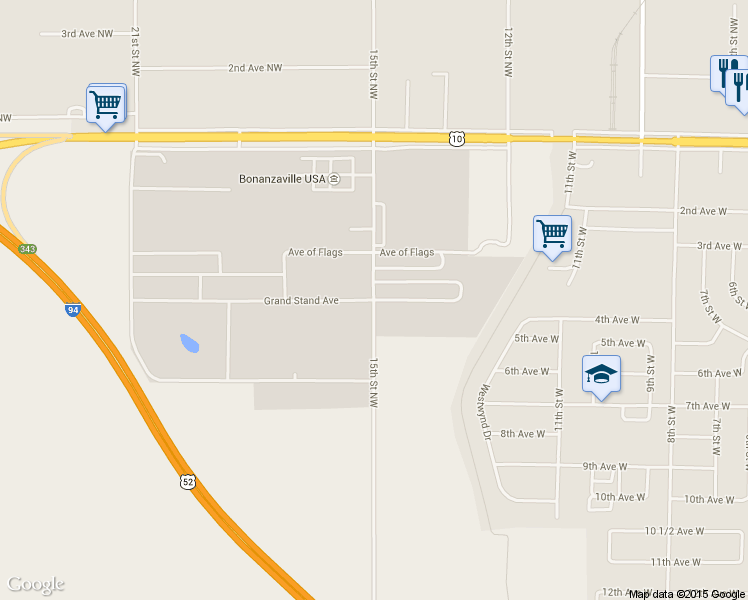map of restaurants, bars, coffee shops, grocery stores, and more near 15th Street Northwest in West Fargo