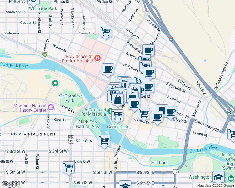 map of restaurants, bars, coffee shops, grocery stores, and more near 234 West Main Street in Missoula