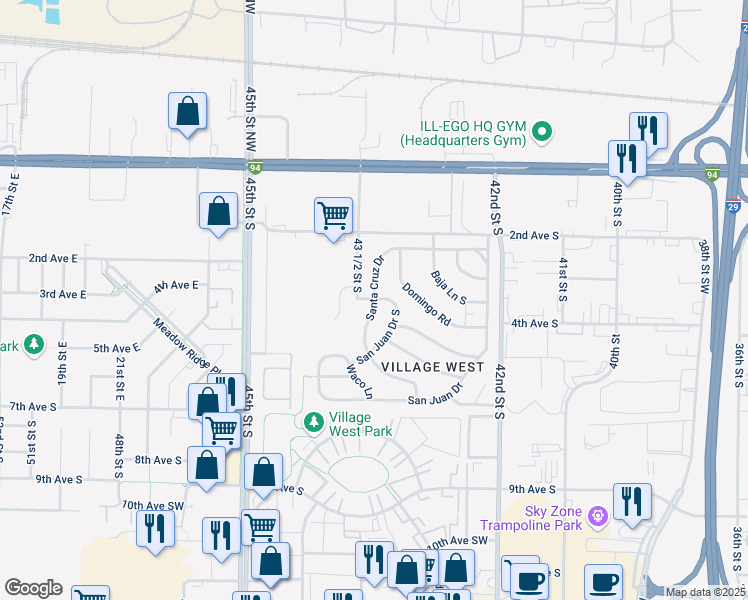 map of restaurants, bars, coffee shops, grocery stores, and more near 453 Santa Cruz Drive in Fargo
