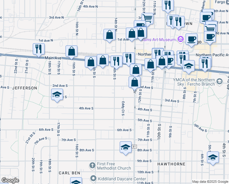 map of restaurants, bars, coffee shops, grocery stores, and more near 252 14th Street South in Fargo