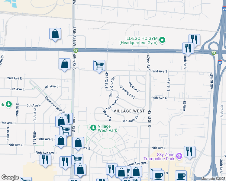map of restaurants, bars, coffee shops, grocery stores, and more near 453-543 Santa Cruz Drive in Fargo