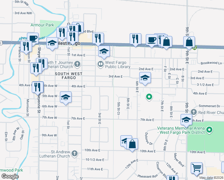 map of restaurants, bars, coffee shops, grocery stores, and more near 318 5th Avenue East in West Fargo