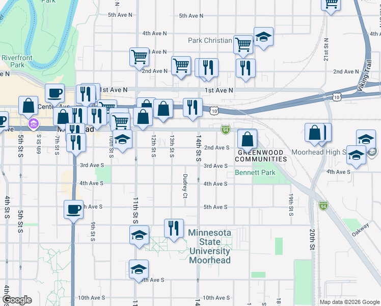 map of restaurants, bars, coffee shops, grocery stores, and more near 1340 3rd Avenue South in Moorhead