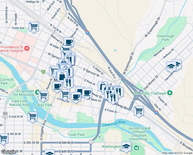 map of restaurants, bars, coffee shops, grocery stores, and more near 422 A East Pine Street in Missoula