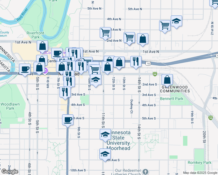 map of restaurants, bars, coffee shops, grocery stores, and more near in Moorhead
