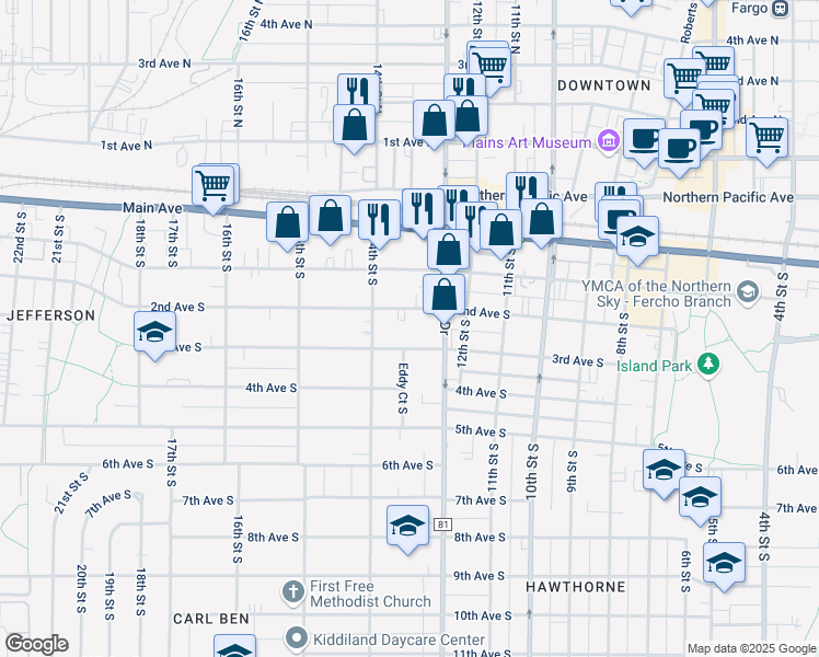 map of restaurants, bars, coffee shops, grocery stores, and more near in Fargo