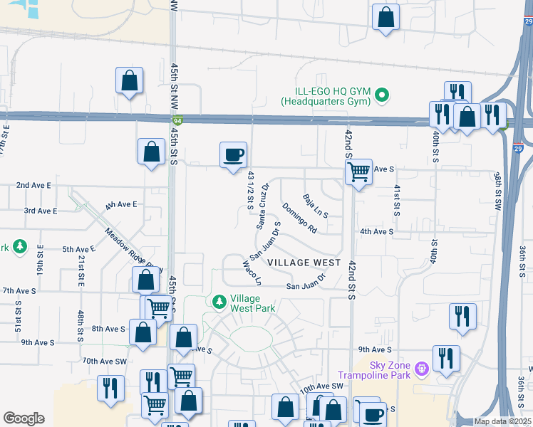map of restaurants, bars, coffee shops, grocery stores, and more near 453-543 Santa Cruz Drive in Fargo