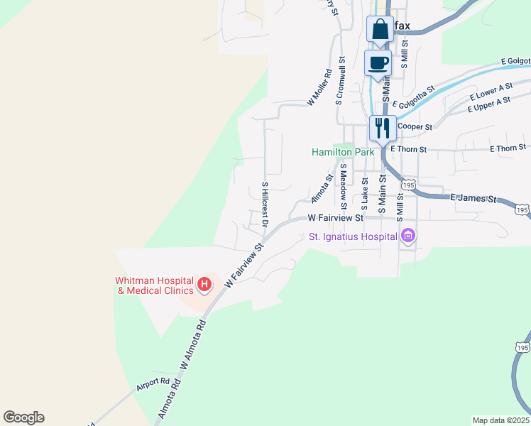map of restaurants, bars, coffee shops, grocery stores, and more near 927 South Hillcrest Drive in Colfax