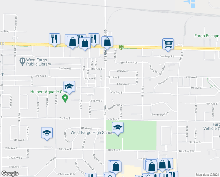 map of restaurants, bars, coffee shops, grocery stores, and more near 957 4th Avenue East in West Fargo