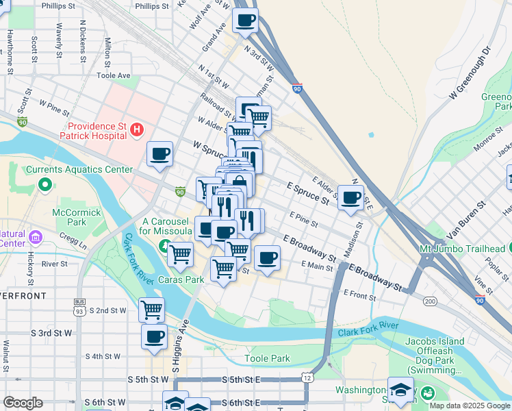 map of restaurants, bars, coffee shops, grocery stores, and more near 335 North Pattee Street in Missoula