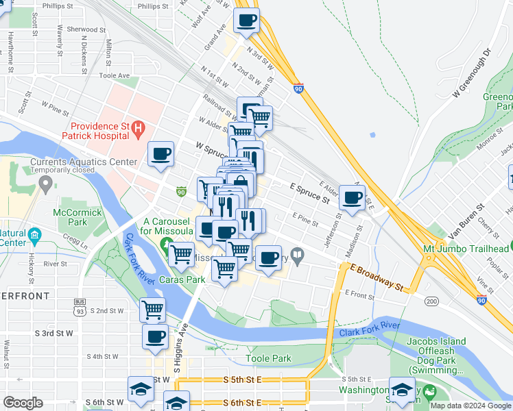 map of restaurants, bars, coffee shops, grocery stores, and more near 335 North Pattee Street in Missoula