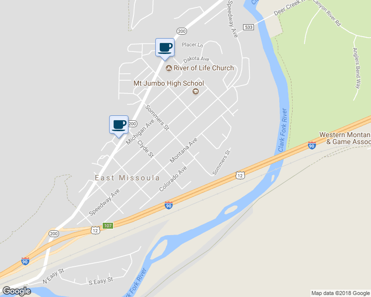 map of restaurants, bars, coffee shops, grocery stores, and more near 599 Montana Avenue in Missoula