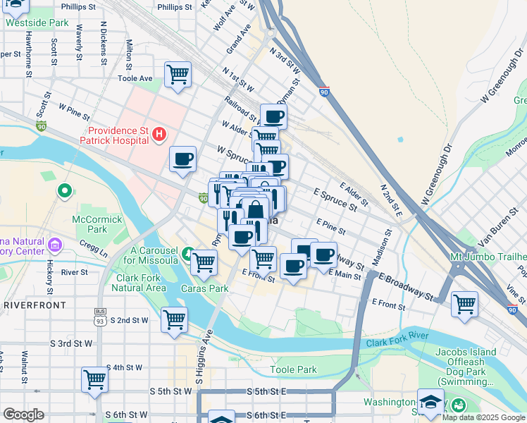 map of restaurants, bars, coffee shops, grocery stores, and more near 314 North Higgins Avenue in Missoula