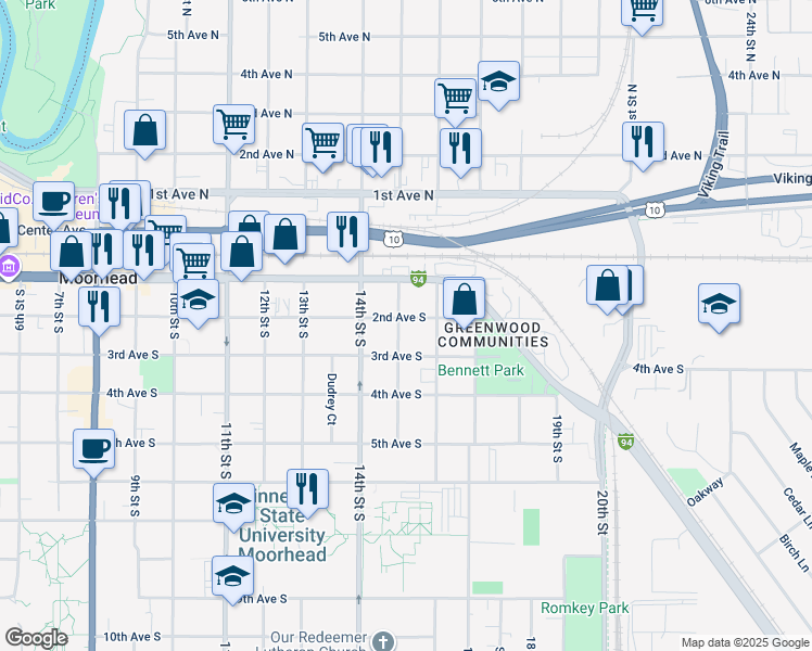 map of restaurants, bars, coffee shops, grocery stores, and more near 221 15th Street South in Moorhead