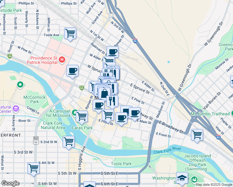 map of restaurants, bars, coffee shops, grocery stores, and more near 315 North Pattee Street in Missoula