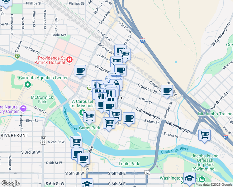 map of restaurants, bars, coffee shops, grocery stores, and more near 118 West Broadway Street in Missoula