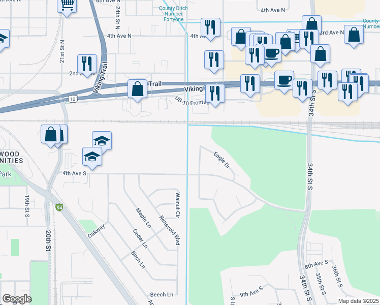 map of restaurants, bars, coffee shops, grocery stores, and more near 2800 4th Avenue North in Moorhead