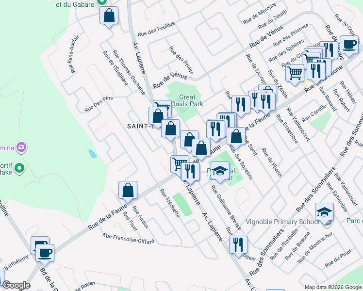 map of restaurants, bars, coffee shops, grocery stores, and more near 1787 Avenue Lapierre in Québec