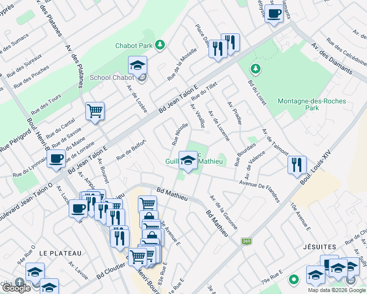 map of restaurants, bars, coffee shops, grocery stores, and more near 735 Avenue de Gironde in Québec